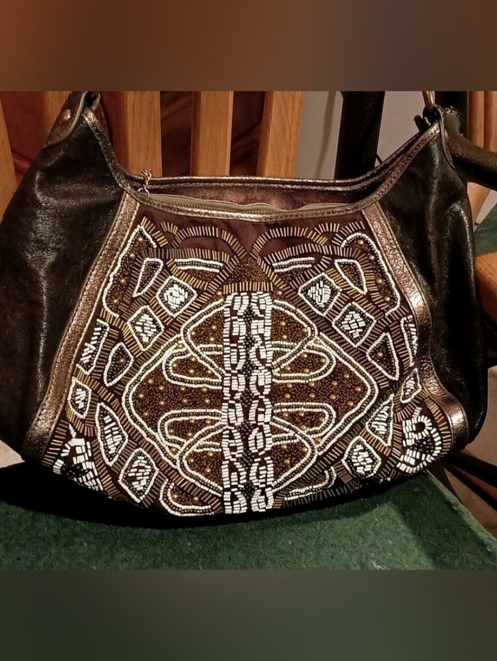 Isabella Fiore Anna Beaded Shoulder Bag Bronze Metallic Leather Boho Hobo